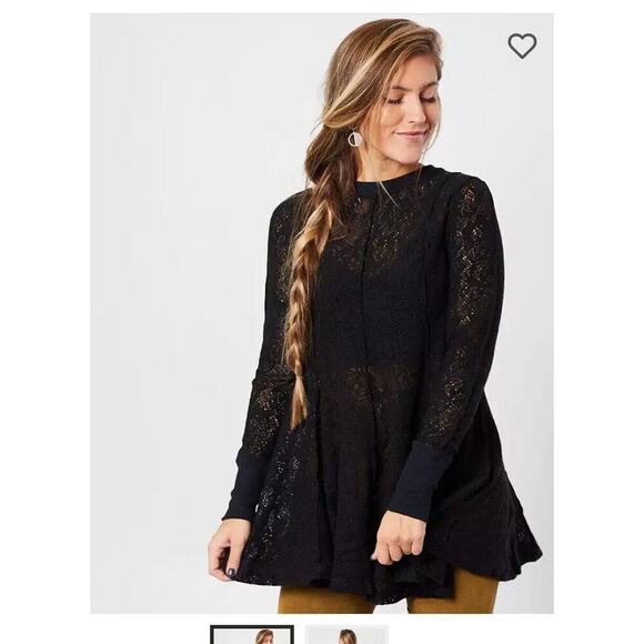 FREE PEOPLE WOMEN'S BLACK LONG SLEEVE COFFEE IN THE MORNING LACE TUNIC‎ TOP Sz M - Picture 1 of 7